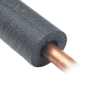 A copper pipe covered with black foam insulation, commonly used to boost energy efficiency and lower costs in New Orleans homes.