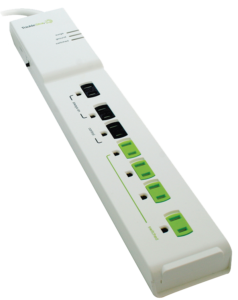A white power strip with eight outlets, designed for convenient use and efficient energy management in New Orleans homes.