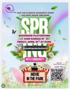 Spring community event flyer: Egg hunt and movie night, April 10 at dusk, Bodenger Playground, New Orleans.